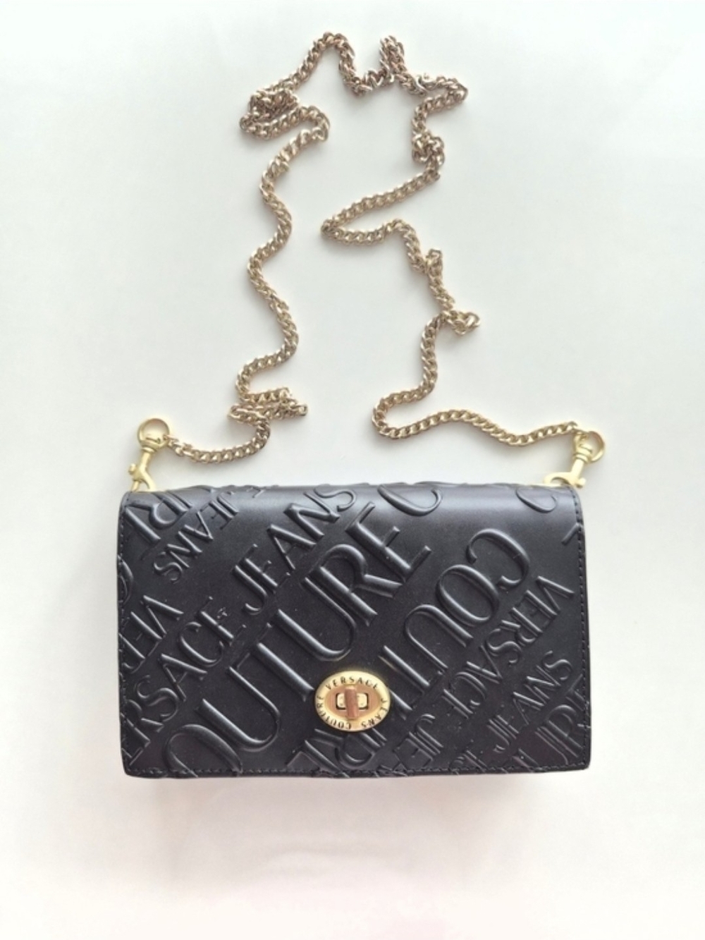 Versace Jeans Collection Black Embossed Crossbody with Gold Chain